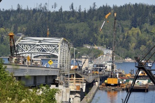 The Hood Canal Bridge is undergoing six weeks of replacement and retrofitting construction.