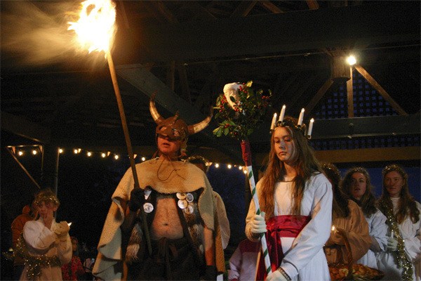 Lucia Bride Kari Slotten and a Sons of Norway Viking at Jule Fest