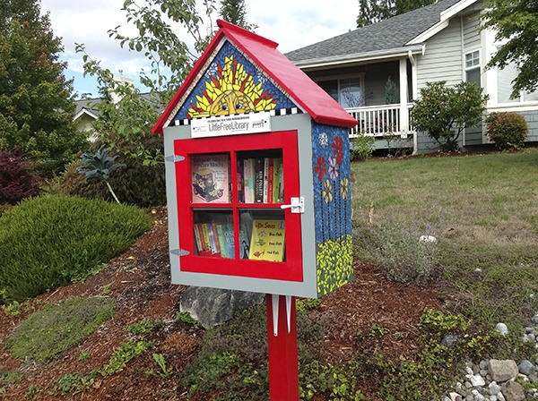 Patty Tompkins’ Little Free Library was built by a woodworker friend