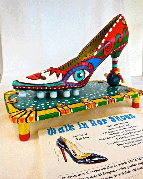 This is the shoe that artist Amy Burnett has decorated for the Walk in Her Shoes auction/after-party on Oct. 4 to benefit the YWCA.