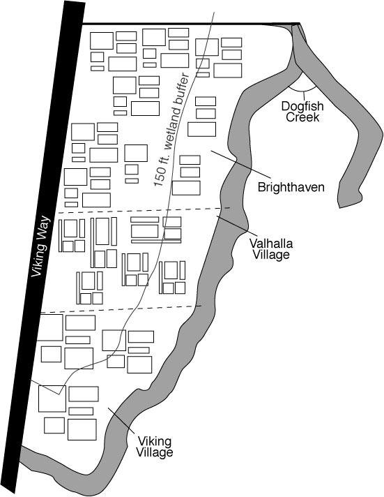 This location map shows the proximity of the proposed development sites to Dogfish Creek. Pre-2008 laws allowed a 40-foot  buffer between development and wetlands.  New laws require a 150-foot buffer. The buffer size will affect current projects such as Vikings Landing