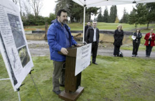 Suquamish Tribal Chairman Leonard Forsman speaks at a ceremony for the Chico Creek Restoration project in November.