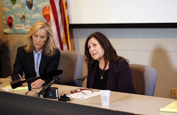 North Kitsap School District Superintendent Patty Page answers a question Feb. 12 at a press conference regarding the district's delayed parental notification of alleged sexual abuse on a school bus. 'We clearly failed