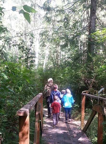 Children are led down a path during a Stillwaters Environmental Center Polliwog Camp in the summer. The camps include critter hunts and art and habitat huts