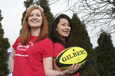 Miss Kitsap Hannah Wood (left) and Miss Silverdale Brittney Rusinski pose in their pageant gear Monday in Silverdale. The two pageant winners also compete for the Kitsap Grenades rugby club.