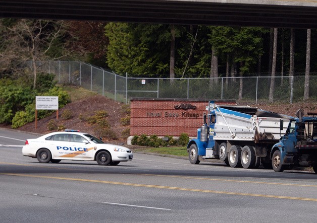 Military police turned drivers away from the base's gate as it was locked down for an hour on the morning of March 31. Many drivers parked along the side of Trident Boulevard to wait out the lock down.