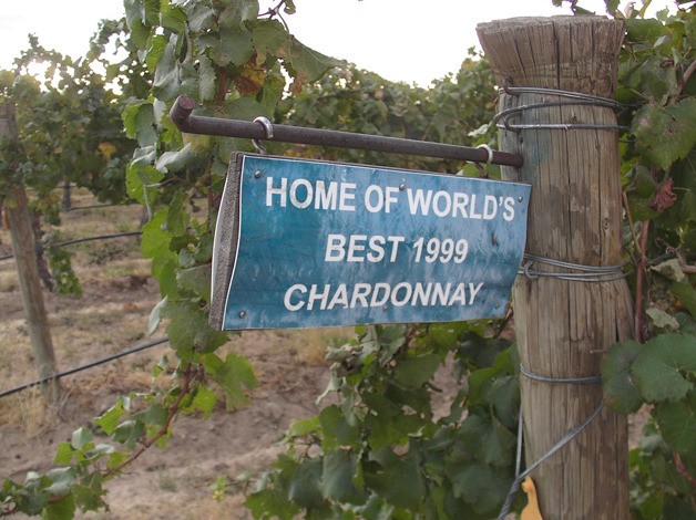 A sign at Cold Creek Vineyard north of the Yakima Valley commemorates Chateau Ste. Michelle’s 1999 Chardonnay