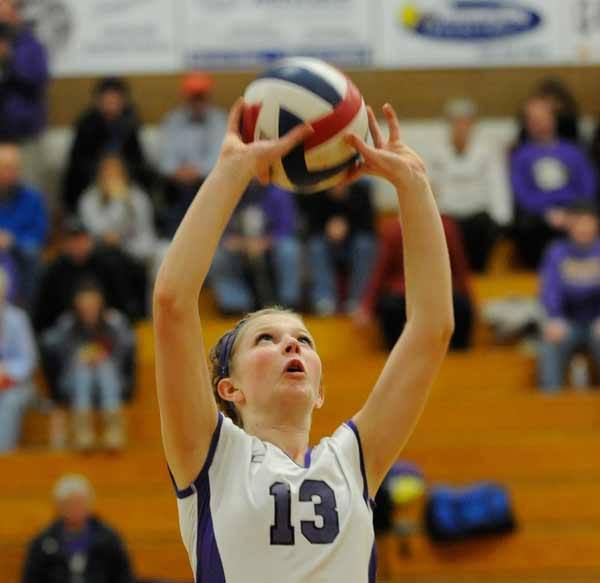 North Kitsap’s Mareena Clotfelter sets the volleyball during the final match against Sequim High School Oct. 27 at the sub-district tournament. Sequim won the subdistrict tournament  and earned the No. 1 seed from the Olympic League into the West Central District III tournament. The tournament begins today.