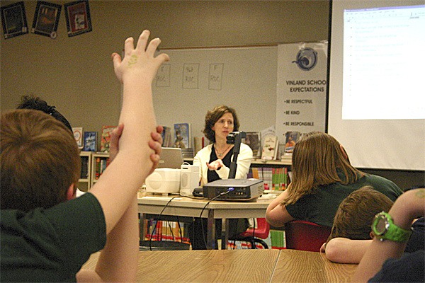 Vinland Elementary School librarian DebbieJo Rock met with students last week to discuss questions raised about the work Greg Mortenson wrote about in his best-selling book