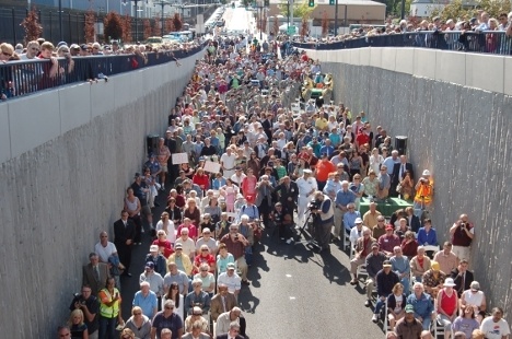 People crowded in and around the Bremerton tunnel July 6 for the ribbon cutting ceremony. The new tunnel will direct off-loading ferry traffic away from downtown pedestrian traffic.