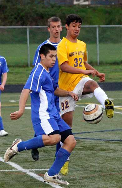 North Kitsap's Tareg Matala Alvarez stops the North Mason varsity soccer team offense during home game action April 10 at North Kitsap Stadium. North Kitsap defeated North Mason 5-1.