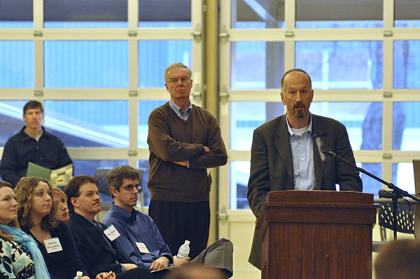 Kitsap County Commissioner Rob Gelder testifies Tuesday evening on county support for a second missile handling wharf to be built at Naval Base Kitsap Bangor.   Bangor wharf expansion not local favorite