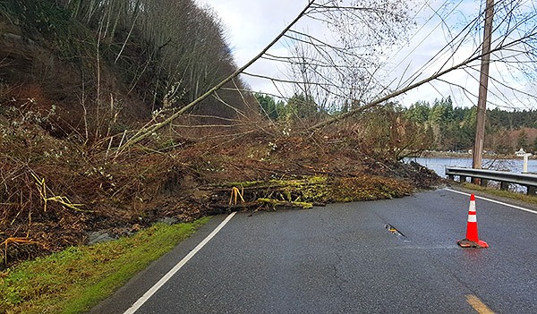 A landslide blocks Illahee Road just north of the intersection with Roanoke Road NE south of Brownsville on Jan. 22. More than three inches of rain fell in the area in a 24-hour period.