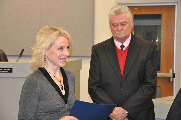 Cindy Lucarelli smiles after taking the oath of office Wednesday afternoon as a member of the Port Orchard City Council.