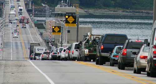 Traffic is backed up after an accident on the Hood Canal Bridge involving multiple vehicles