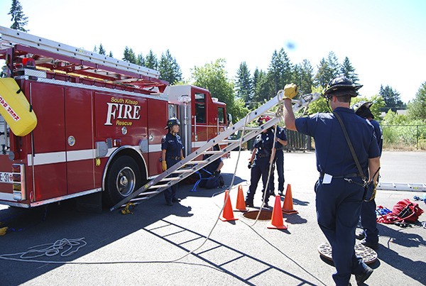 South Kitsap Fire and Rescue firefighters conduct a routine training exercise at their Orchard Heights firehouse headquarters.