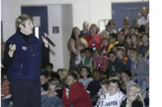 Dr. Millie Hughes-Fulford talks to Mountain View Middle School students Wednesday about her career as a NASA astronaut.