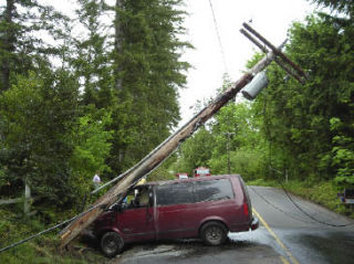 Power and phone service was interrupted on Paulson Road Monday after an East Bremerton man drove into a power pole.