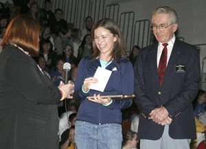 Olympic senior Margery Pulkkinen was presented with an award for winning the annual Association of Washington Generals essay contest. Pulkkinen received a plaque commemorating her win and a $500 scholarship to the college of her choice.