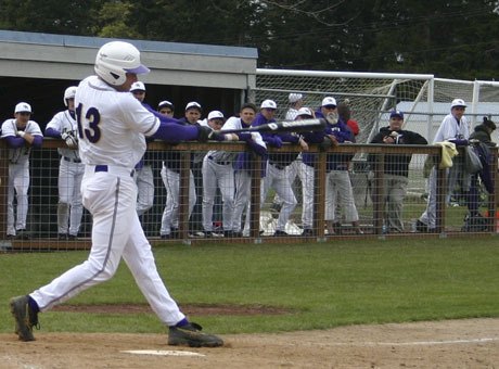 North Kitsap High School pitcher Alex Smith swings at a pitch Monday at home against Port Angeles. Smith threw the first no-hitter of his high school career Monday.