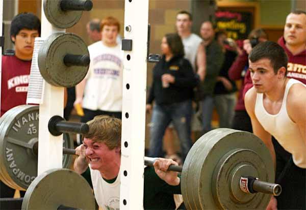 Port Angeles High School’s Nick Lasorsa attempts to squat 405 pounds during Kingston’s Powerlifting Challenge