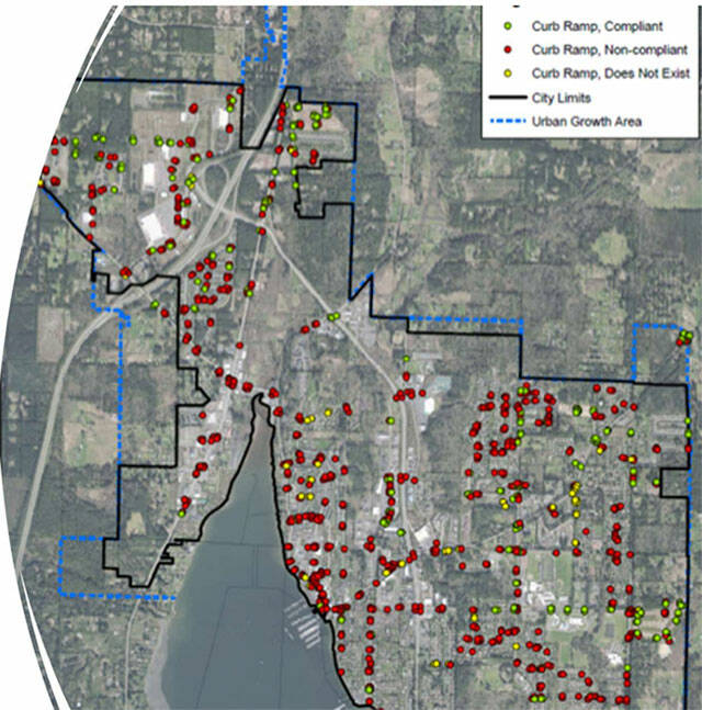 A map of Poulsbo showing where different types of curb ramps are. Courtesy image