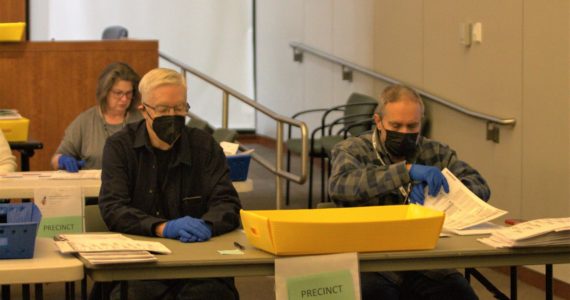 Election workers count votes by hand in the commissioners chambers of the Kitsap County Administration Building. Elisha Meyer/Kitsap News Group