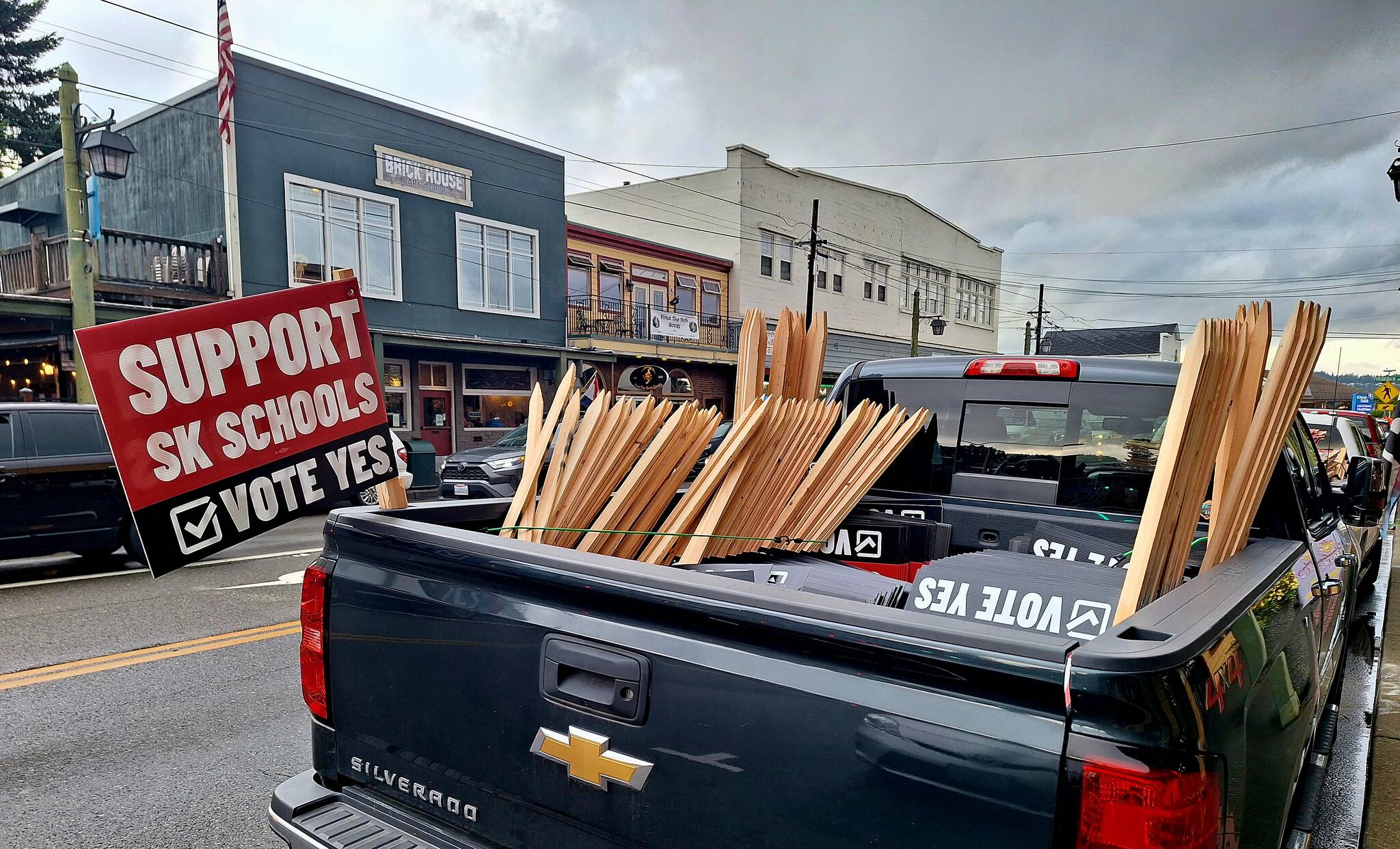 Elisha Meyer/Kitsap News Group
Truck beds full of Support SK Schools signs signaled the campaign kickoff in support of the newest school district bond.