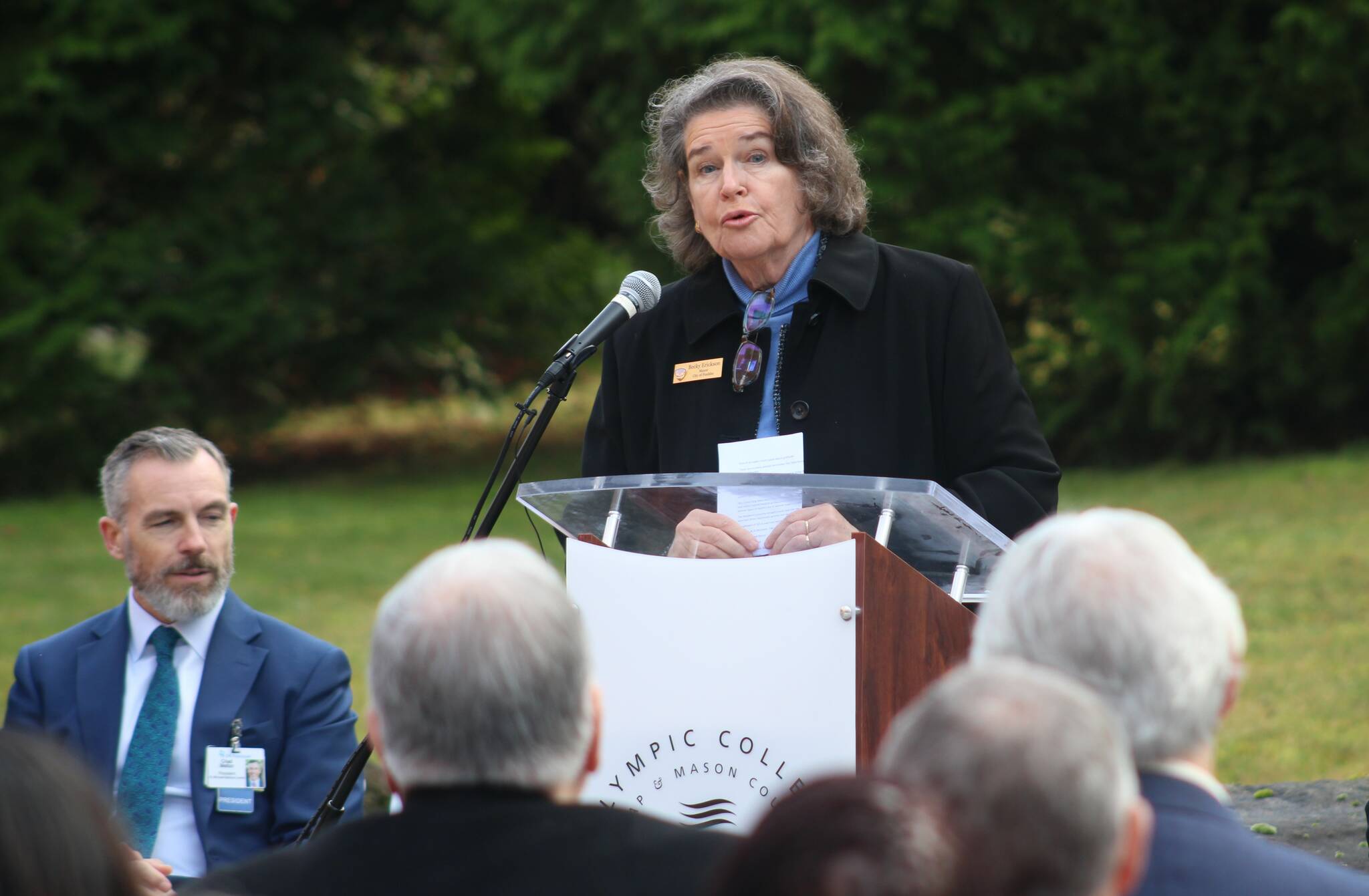 Elisha Meyer/Kitsap News Group Photos
Poulsbo Mayor Becky Erickson speaks at a news conference at Olympic College.