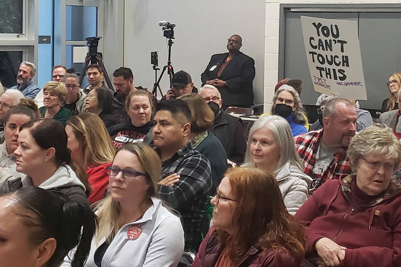 Tyler Shuey/Kitsap News Group Photos
It was standing-room only at the Feb. 8 NKSD school board meeting, with many showing up to show their displeasure with the board and superintendent Laurynn Evans following her being named a suspect in a case involving the theft and disposal of campaign signs against the Feb. 13 NKSD bond measure.