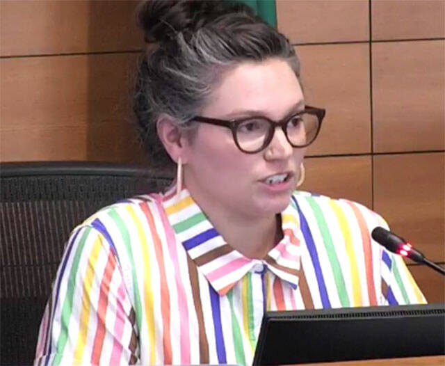 BKAT courtesy photo
Poulsbo City Councilmember Britt Livdahl wears a shirt with Pride colors at the June 5 City Council meeting.