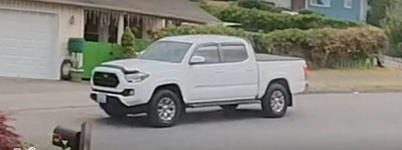 Bremerton police courtesy photo
Camera footage shows the white Toyota Tacoma that Bremerton police are searching for.