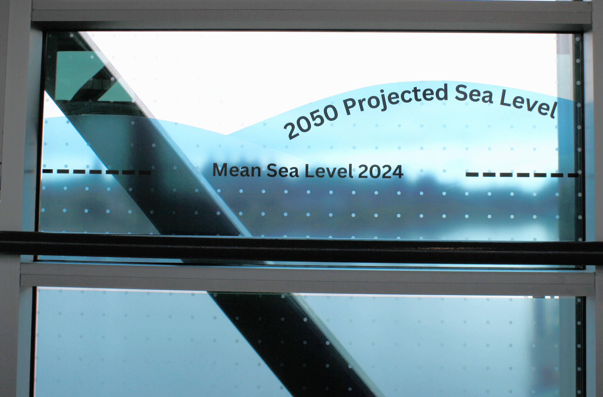 Molly Hetherwick/Kitsap News Group photos
A window decal demonstrating global sea level rise, installed on a window of the Bainbridge Island Ferry Terminal June 28.