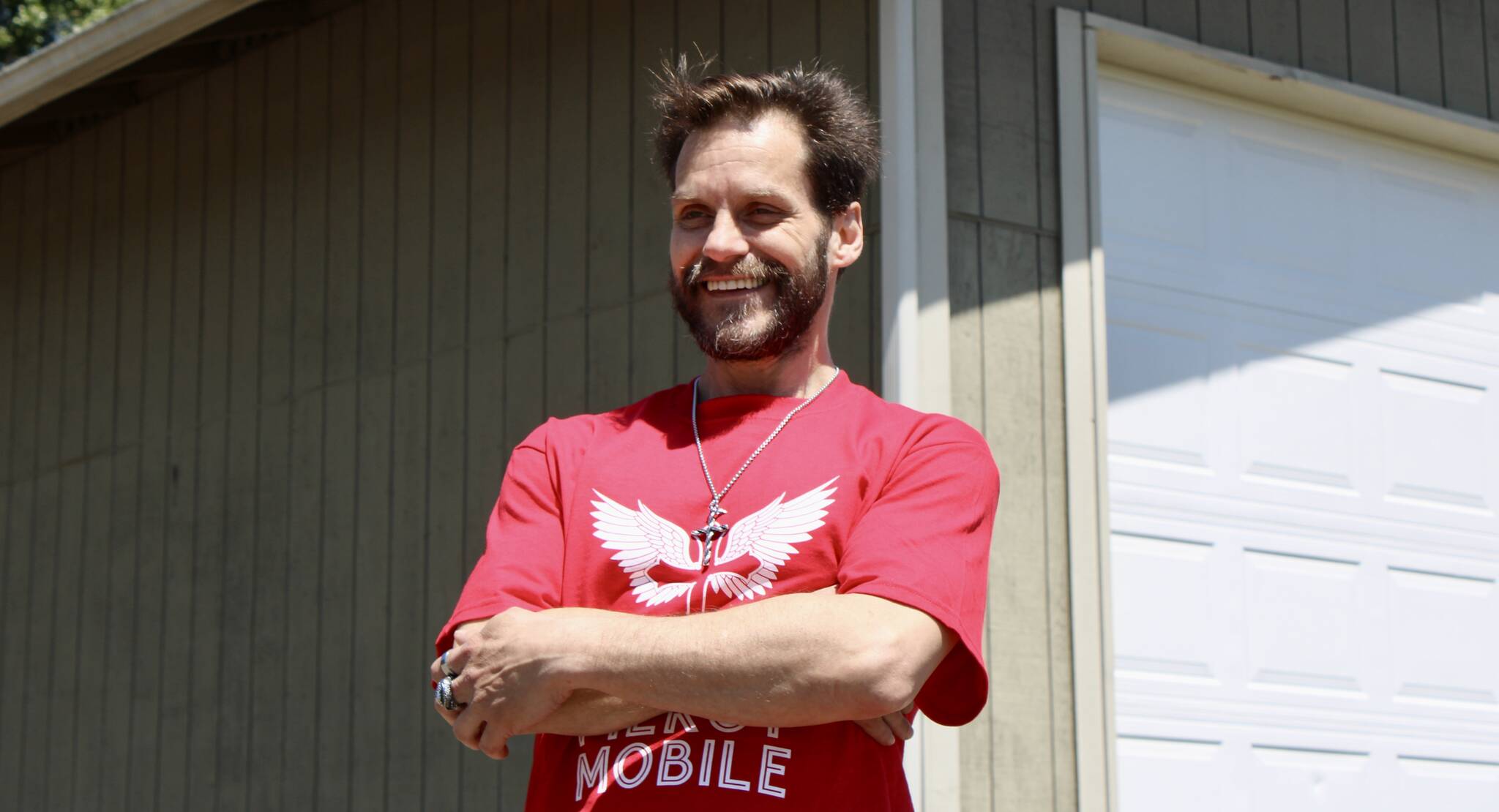 Elisha Meyer/Kitsap News Group
Douglas Beedles reps a Mercy Mobile shirt and a genuine smile as he continues working to avoid addiction.