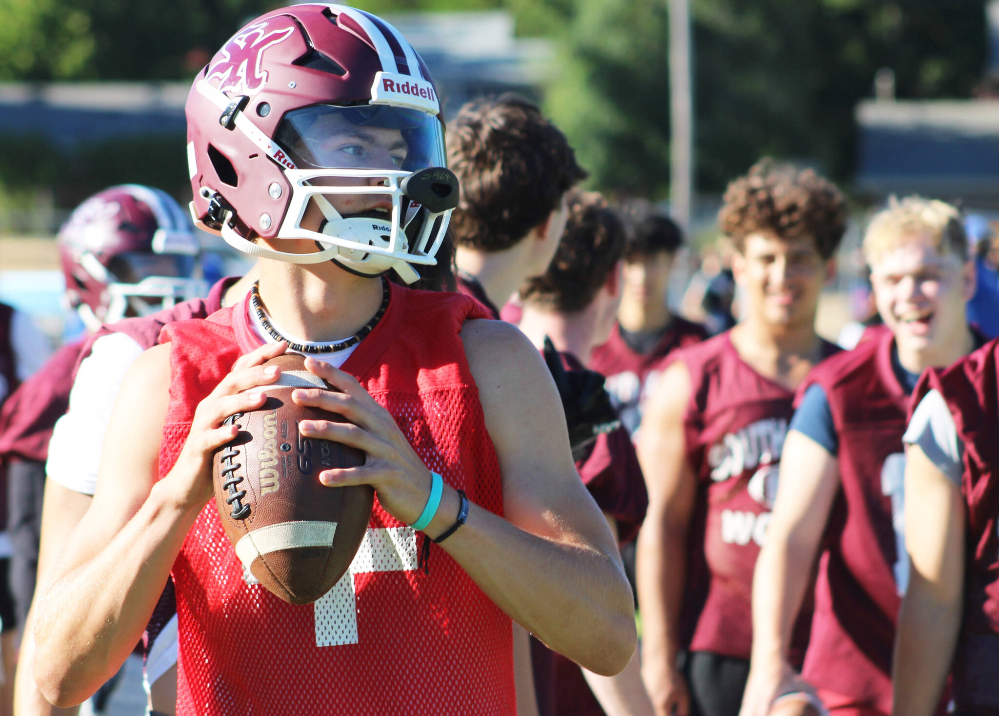 Elisha Meyer/Kitsap News Group photos
South Kitsap junior quarterback Franklin Fox warms up for a series of 7 on 7 scrimmages at Kitsap Bank Stadium July 31.