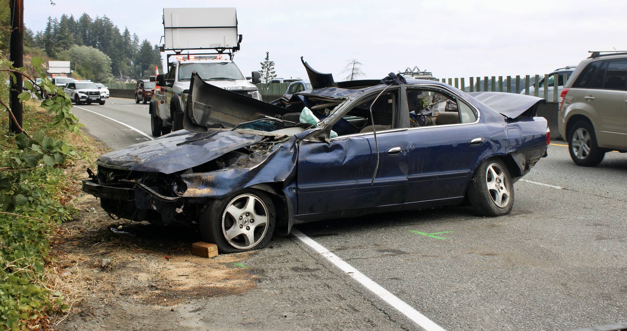 Elisha Meyer/Kitsap News Group
The sole car in an Aug. 10 accident on Highway 3 is damaged beyond repair. Its driver was hospitalized in serious condition.