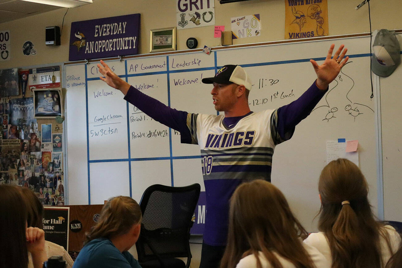 NKSD courtesy photos
North Kitsap High School teacher Jared Prince leads a class demonstration during the first day of school.