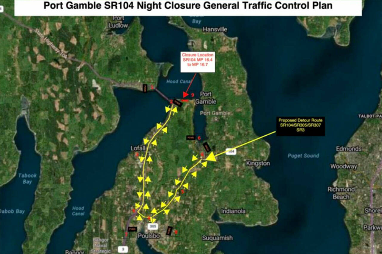 Raydient courtesy map
The proposed detour route for Highway 104 planned closures through Port Gamble.