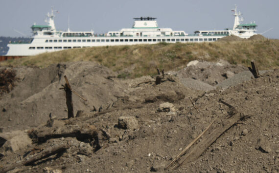 Molly Hetherwick/Kitsap News Group photos
A few large piles of creosote-contaminated dirt frame the future view from Pritchard Park, while a ferry arrives in Bainbridge.