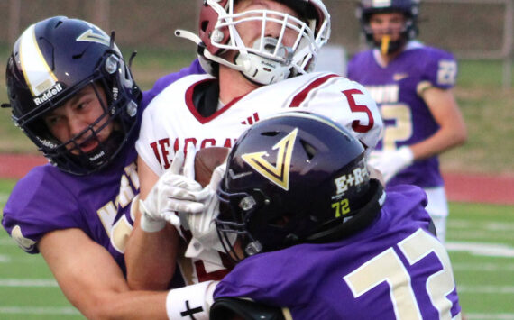 Elisha Meyer/Kitsap News Group photos
Vikings Tate Stearns, left, and Connor Nauta bring down a W.F. West ball carrier.