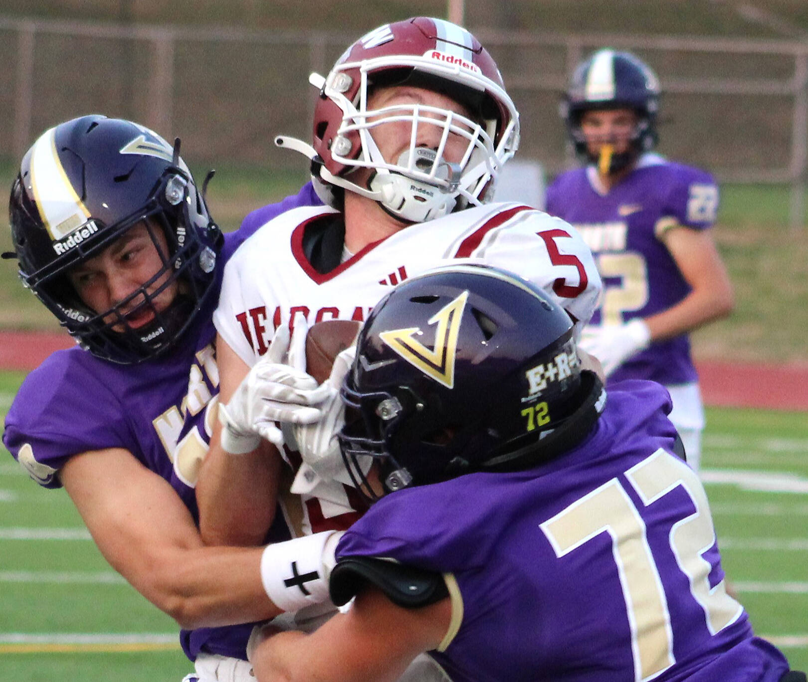 Elisha Meyer/Kitsap News Group photos
Vikings Tate Stearns, left, and Connor Nauta bring down a W.F. West ball carrier.