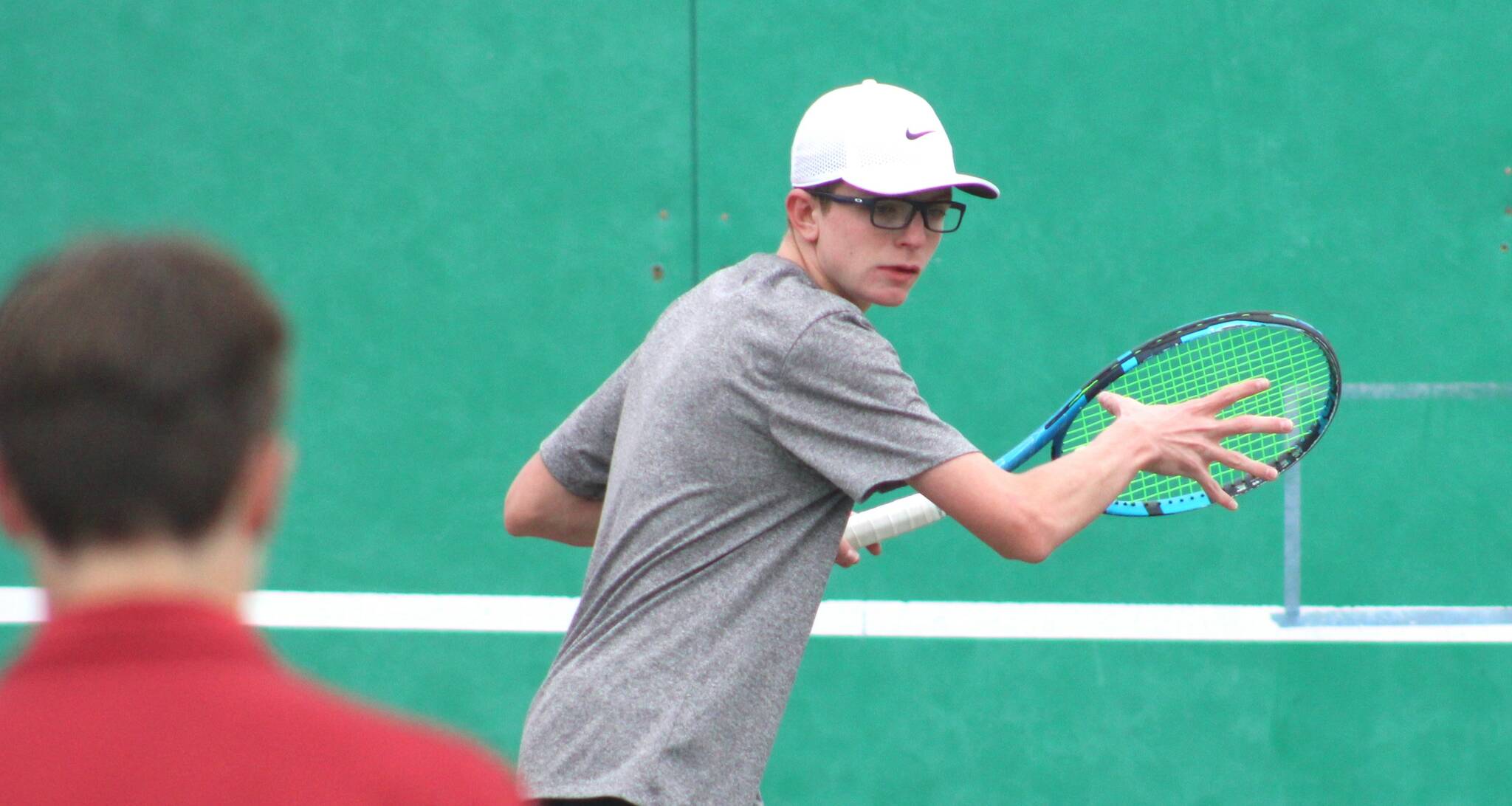 Elisha Meyer/Kitsap News Group photos
NK’s Justin Gallant puts his forearm in motion to receive a Kingston serve.