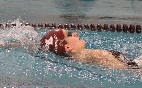 Elisha Meyer/Kitsap News Group photos
Emma Hurguy enters the backstroke phase of her 200-yard individual medley race.