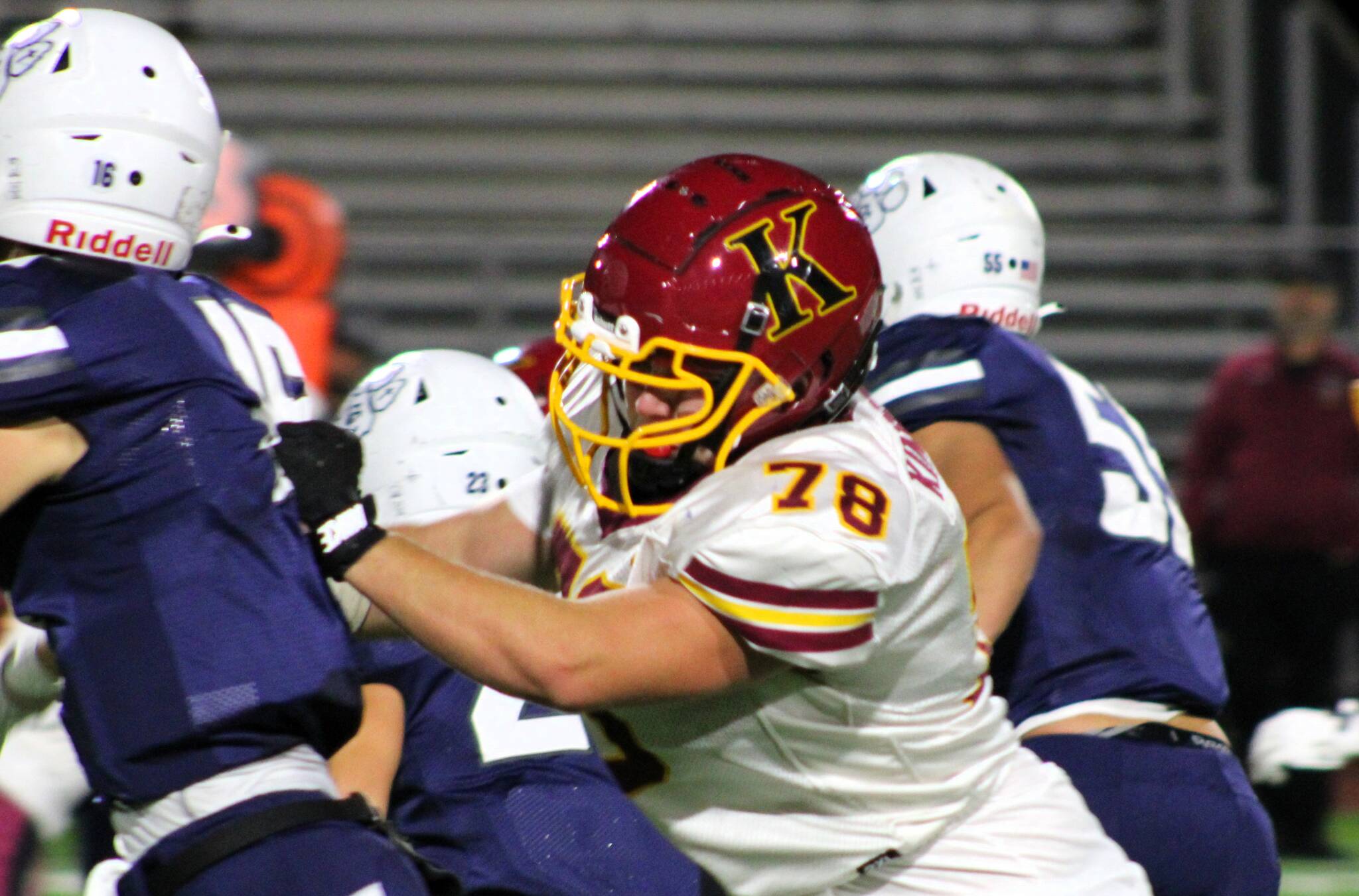 Elisha Meyer/Kitsap News Group photos
Kingston Junior offensive lineman Jack Grady tries to keep a pass rusher contained.