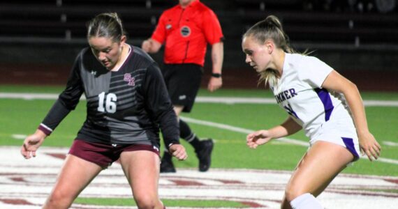 Elisha Meyer/Kitsap News Group photos
SK junior Ella Sherwood competes with a Sumner player for possession of the ball.