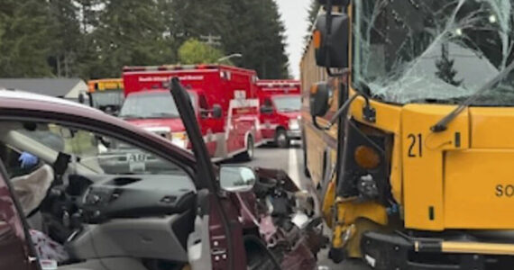 KCSO courtesy photo
A South Kitsap school bus was damaged after a driver ran a red light, colliding with a turning vehicle and the bus on Jackson Avenue SE.