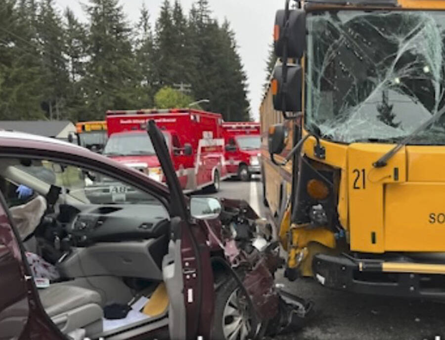 KCSO courtesy photo
A South Kitsap school bus was damaged after a driver ran a red light, colliding with a turning vehicle and the bus on Jackson Avenue SE.