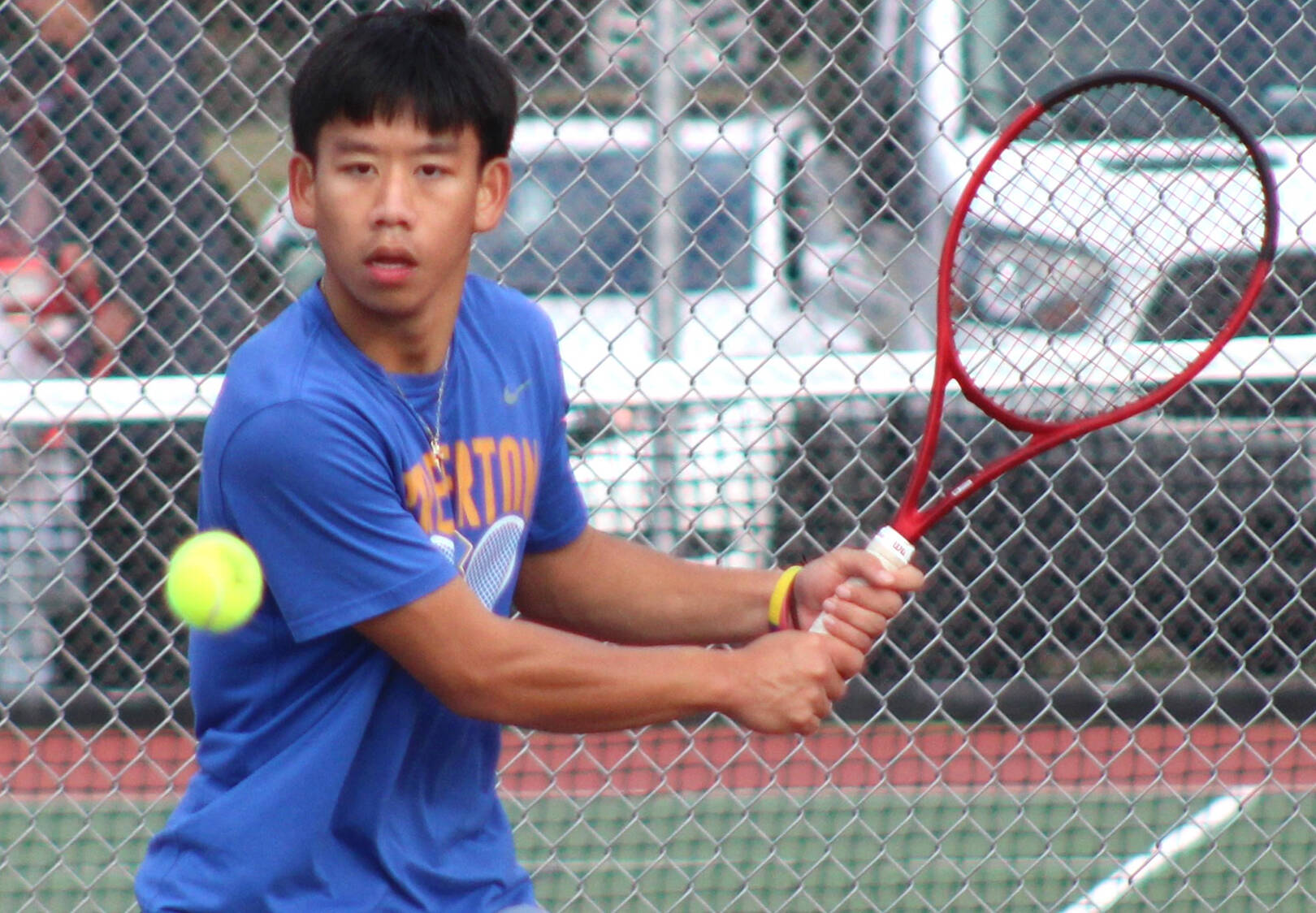 Bremerton’s Joseph Cao prepares to hit a backhand in his league semifinal match.