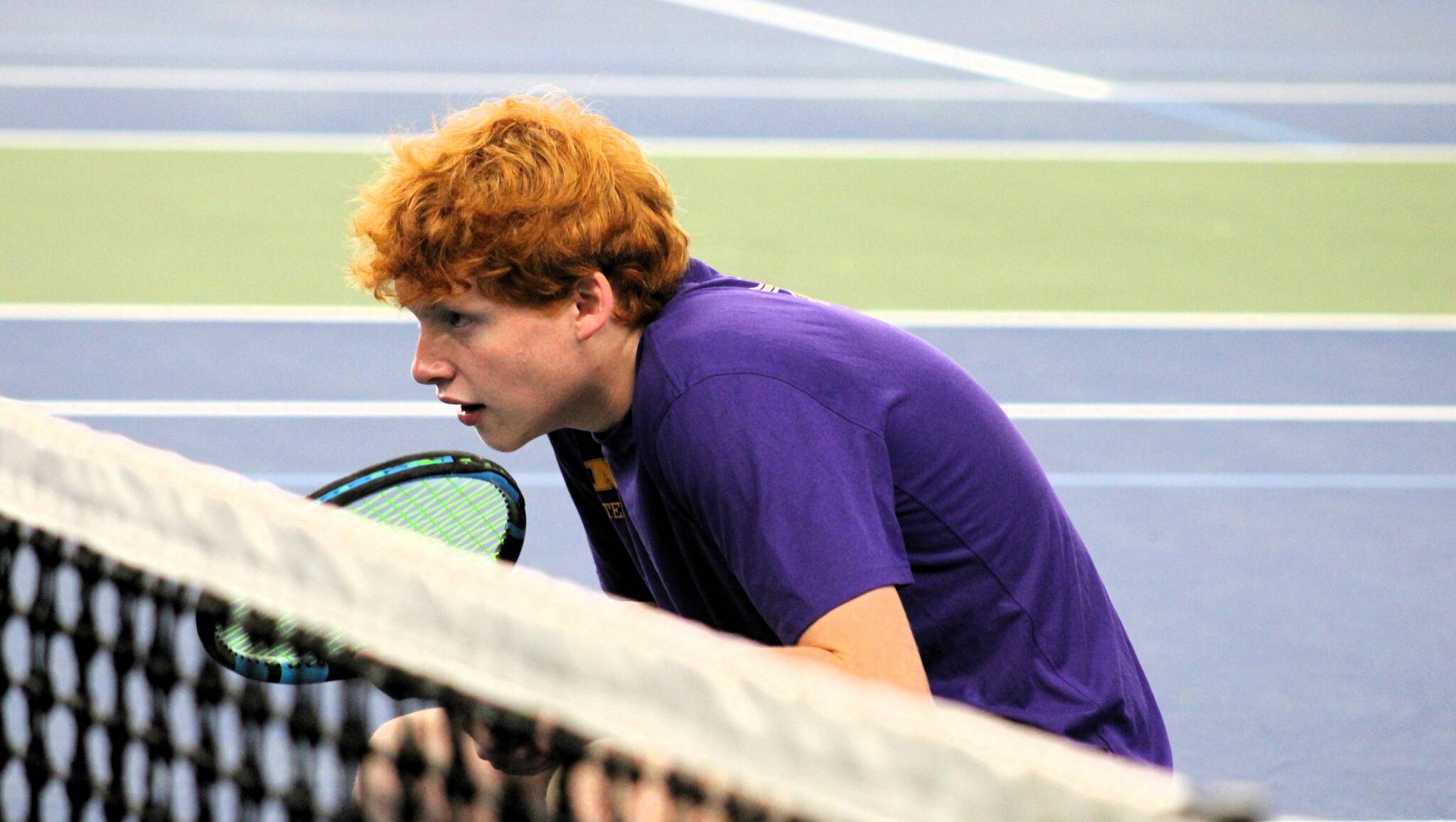 Elisha Meyer/Kitsap News Group
North Kitsap’s Mason Repp crouches down while awaiting the serve from his partner Justin Gallant on day one of the 2024 district tournament.