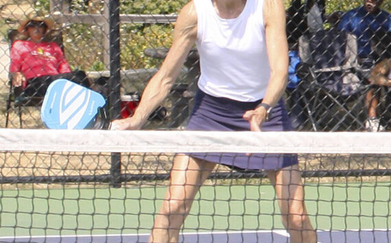 Molly Hetherwick/Kitsap News Group
A pickleball player lines up for a return at the Founder’s Tournament in August.